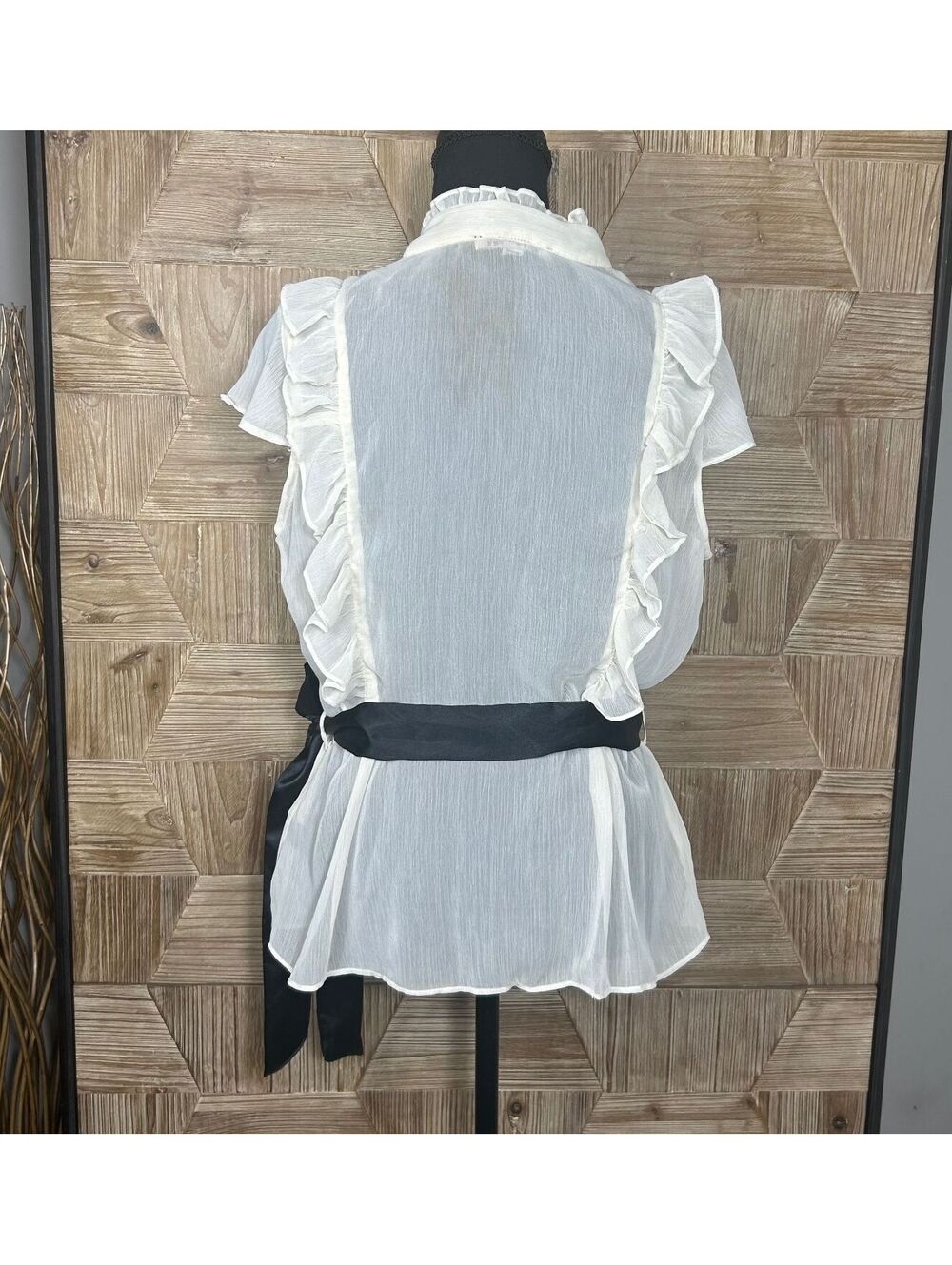 Vintage Dimri Coquette Cream Ruffle Tuxedo Blouse Large Black Satin Sash Belt - Picture 6 of 9